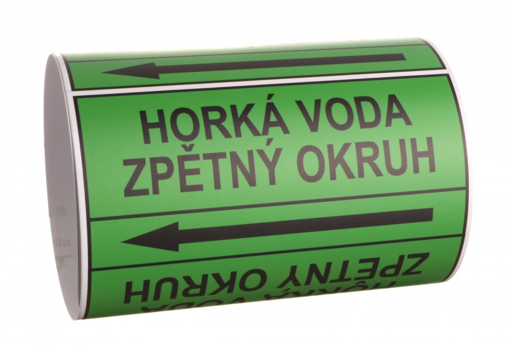 Páska na značení potrubí Signus M25 - HORKÁ VODA ZPĚTNÝ OKRUH Samolepka 80 x 62 mm, délka 1,5 m, Kód: 25891