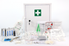 Hanging  first aid kit with equipment for workplaces with an open fire