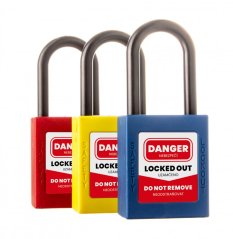 Bezpečnostní visací zámek, plastový červený, 38 mm - 2 klíče, LOCK OUT - TAG OUT