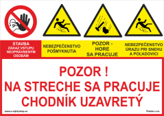 Bezpečnostné tabuľky - Kombinácia pozor na streche sa pracuje chodník uzavretý