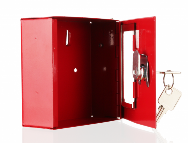 Požiarna krabička na kľúče s kladivkom - M, 100 x 100 x 40 mm