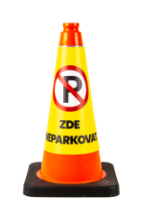 Nástavec na dopravní kužel z PVC banneru s bezpečnostním symbolem a textem