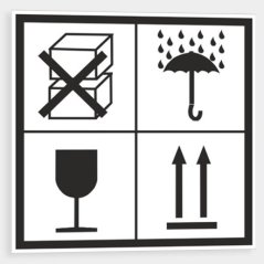 Marking of packaging. Fragile, do not stack, protect from rain.