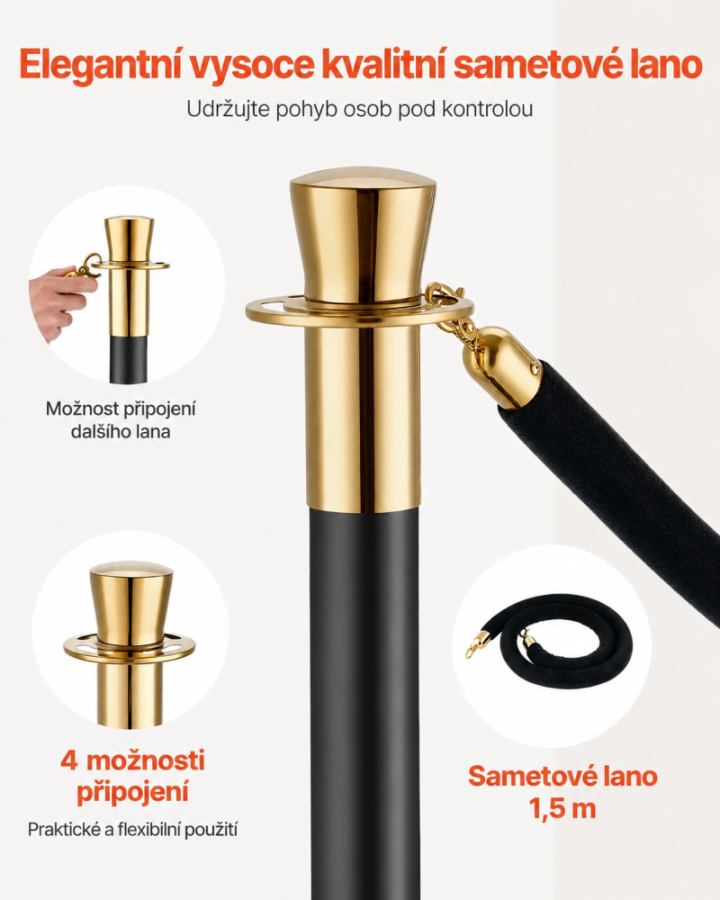 Vymezovací sloupky pro usměrnění osob se sametovými lany