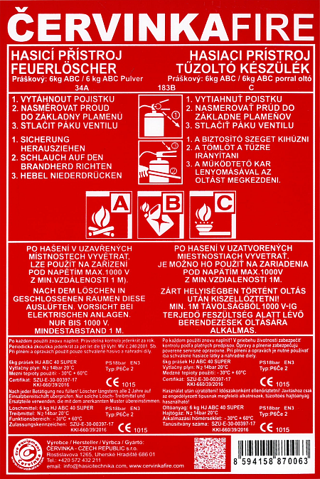 Typový štítek P6 34 A na hasicí přístroje