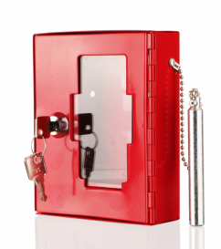 Požární krabička na klíče s kladívkem - V (kovová uzamykatelná), 120 x 150 x 40mm