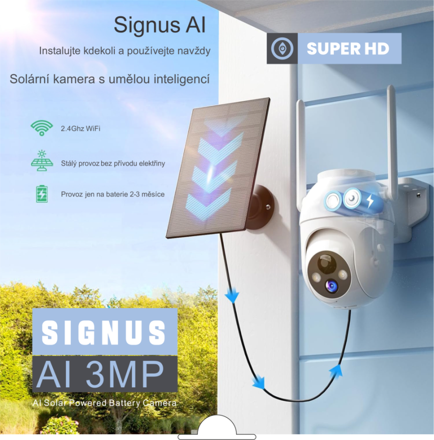 Bezpečnostná Wi-Fi kamera Signus AI 3MP so solárnym napájaním