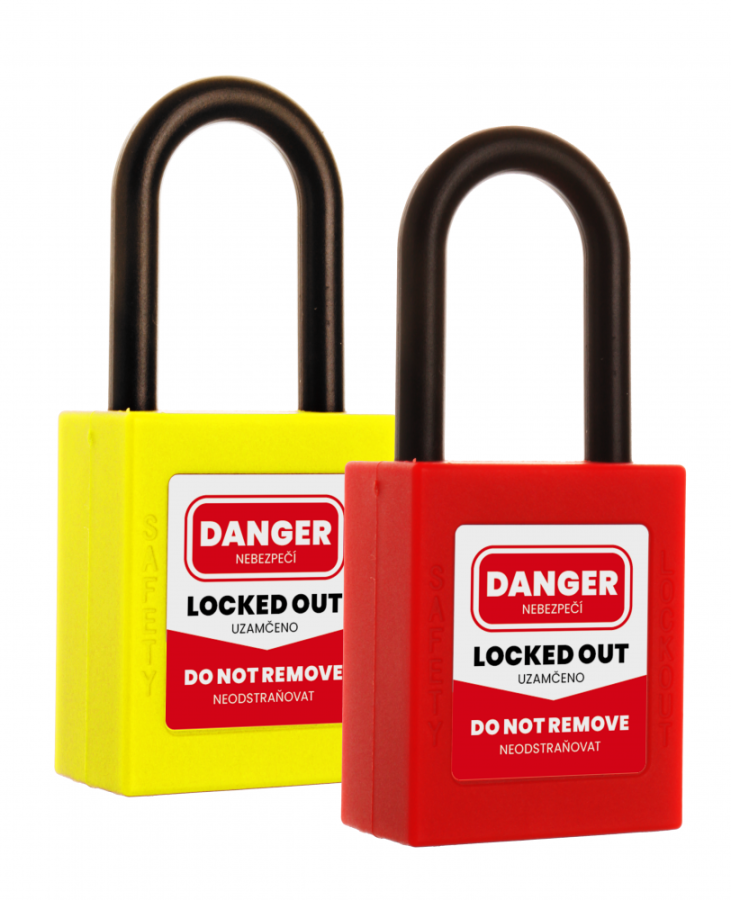 Red plastic security padlock, 38 mm - 2 keys, LOCK OUT - TAG OUT
