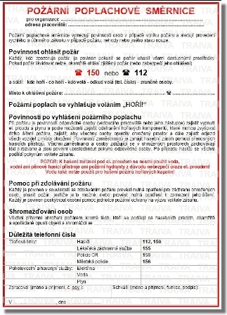Požární poplachové směrnice - tabulky k vyvěšení - Verze - Plast 210 x 297 mm (A4) tl. 0.5 mm - Kód: 00668