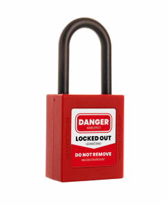 Red plastic security padlock, 38 mm - 2 keys, LOCK OUT - TAG OUT