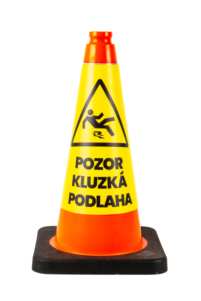 Nástavec na dopravní kužel z PVC banneru s bezpečnostním symbolem a textem POZOR KLUZKÁ PODLAHA, Kód: 27429