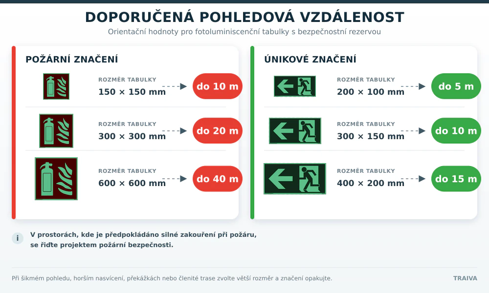 Doporučené pohledové vzdálenosti pro únikové a požární značení