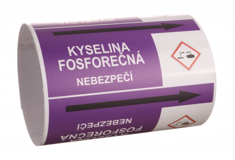 Páska na značení potrubí Signus M25 - KYSELINA FOSFOREČNÁ Samolepka 130 x 100 mm, délka 1,5 m, Kód: 26071