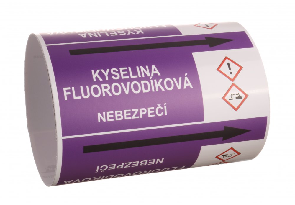 Páska na značení potrubí Signus M25 - KYSELINA FLUOROVODÍKOVÁ Samolepka 80 x 62 mm, délka 1,5 m, Kód: 26070