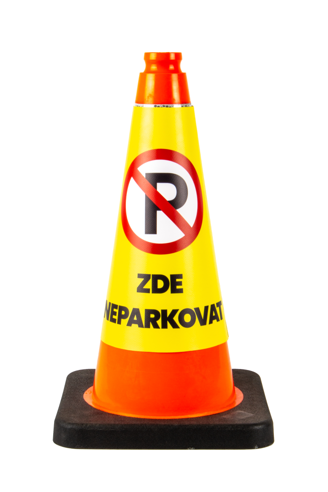 Nástavec na dopravní kužel z PVC banneru s bezpečnostním symbolem a textem ZDE NEPARKOVAT, Kód: 27428